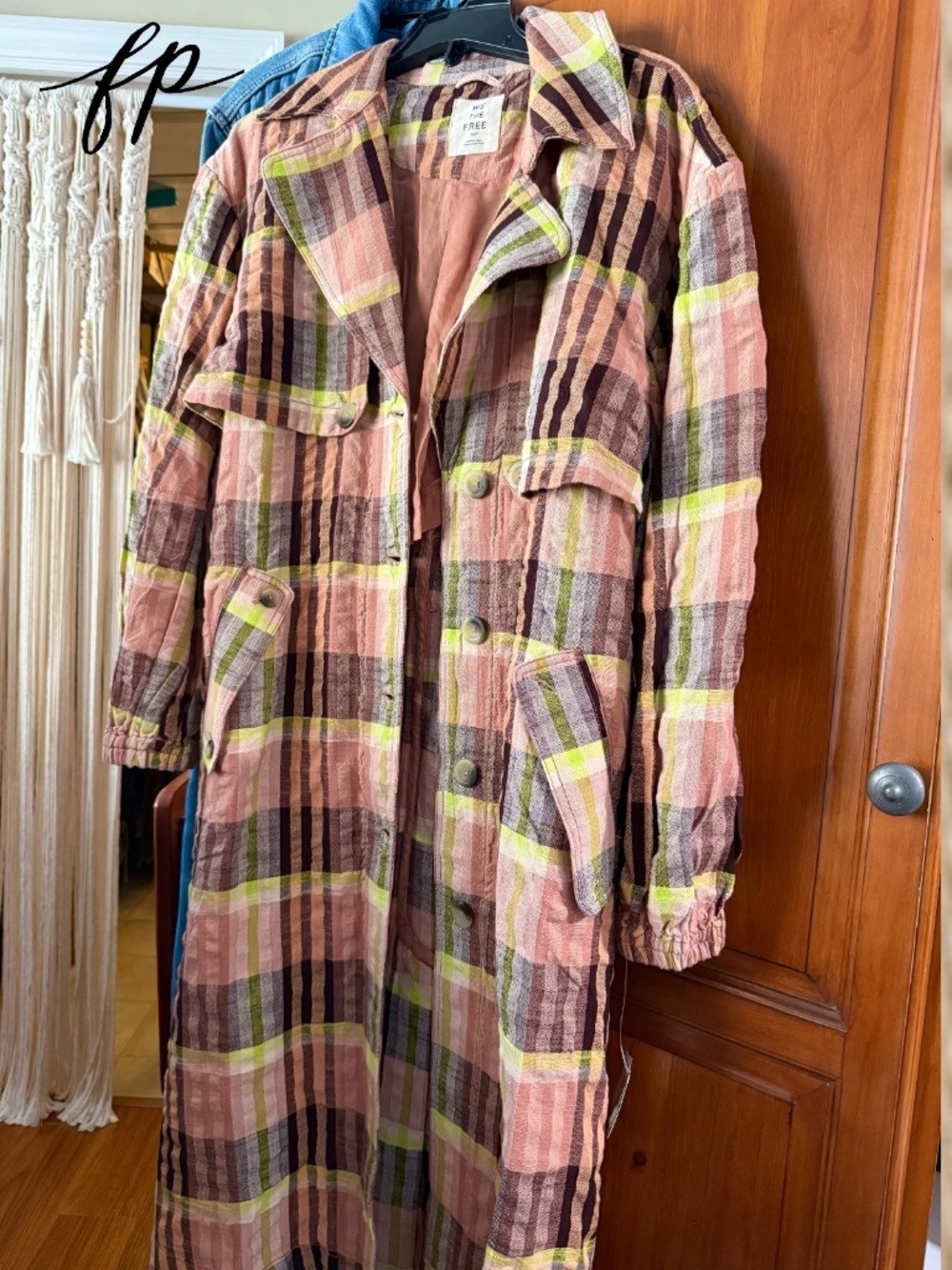 FREE PEOPLE Plaid Bliss 100% Cotton Lightweight Oversized Colorful Maxi Trench - Picture 7 of 12